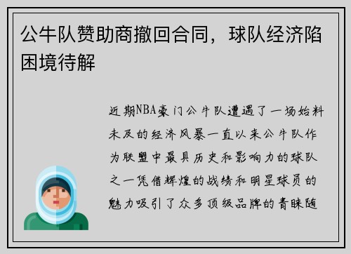 公牛队赞助商撤回合同，球队经济陷困境待解