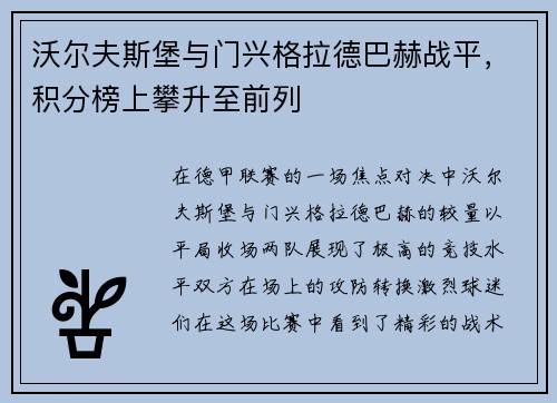 沃尔夫斯堡与门兴格拉德巴赫战平，积分榜上攀升至前列